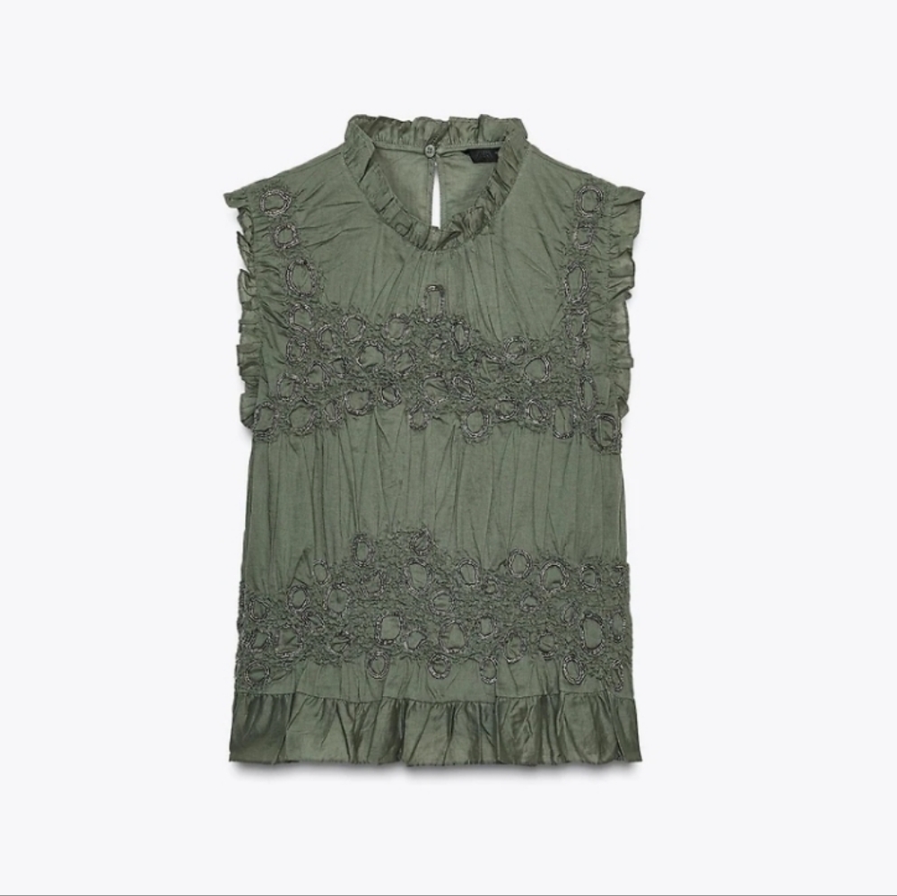 Zara Olive Green Ruffle Sleeve Beaded/Embroidered Ruffle Top - Picture 4 of 5